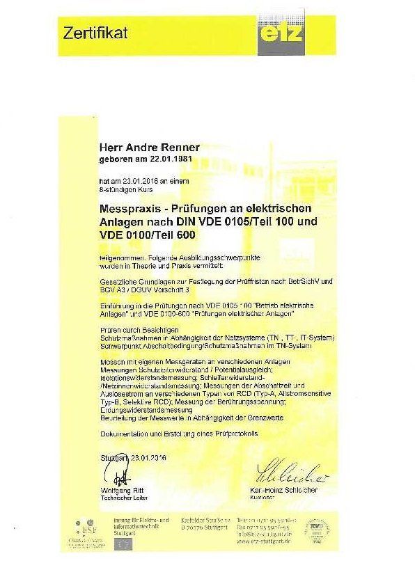 Zertifikat Prüfung elektrischen Anlagen
